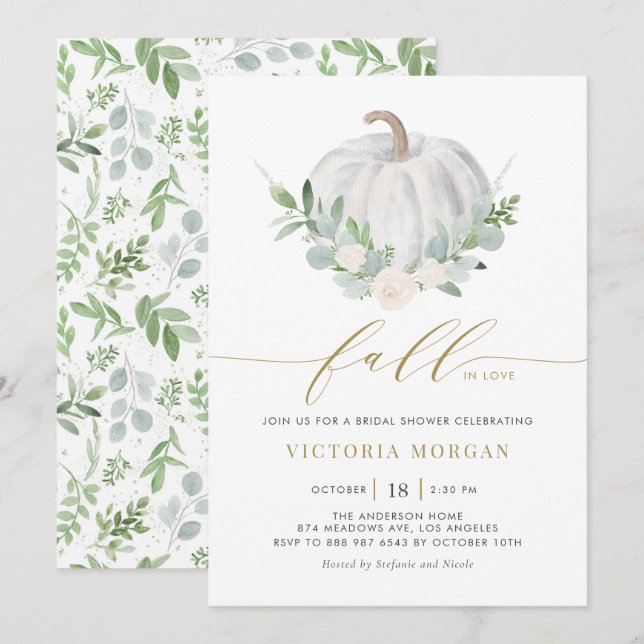 White Pumpkin and Greenery Fall Bridal Shower Invitation (Front/Back)