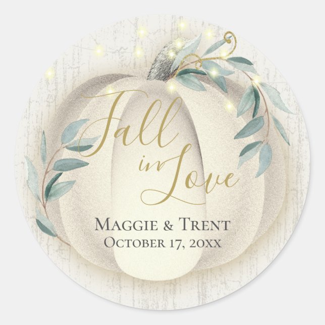 White Pumpkin and Greenery with String Lights  Classic Round Sticker (Front)