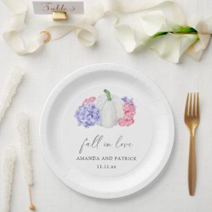 White pumpkin and hydrangea flowers wedding paper plate