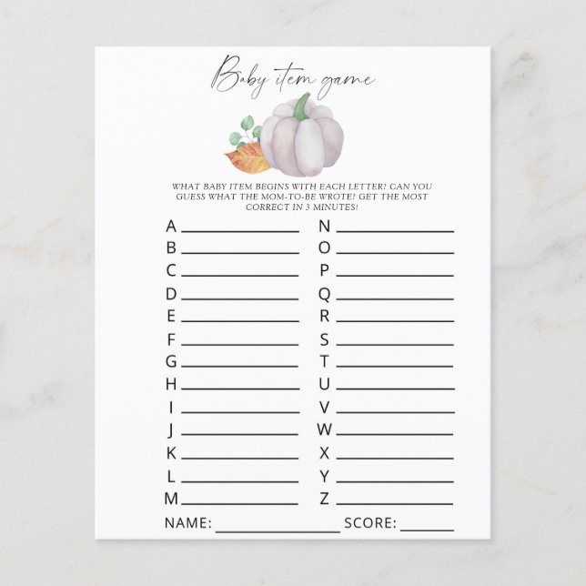 White pumpkin - Baby Item Game. Baby Shower Game (Front)