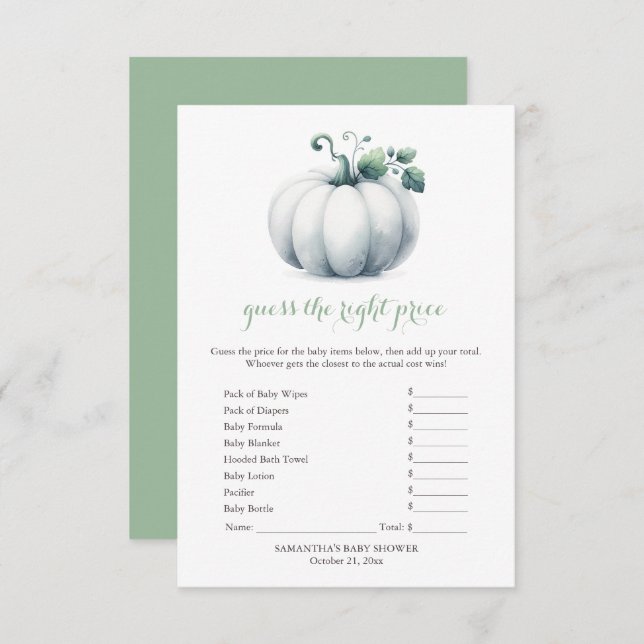 White Pumpkin Baby Shower Game – Price Guess Invitation (Front/Back)