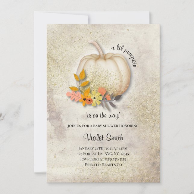 White Pumpkin Baby Shower Invite with Gold Glitter (Front)