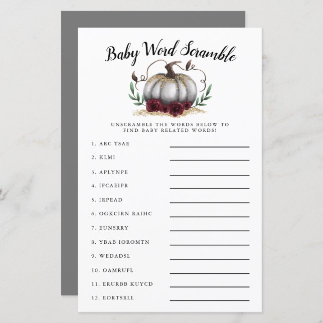 White Pumpkin Baby Word Scramble Game (Front/Back)