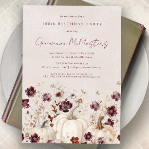 White Pumpkin Burgundy Wildflower 100th Birthday Invitation