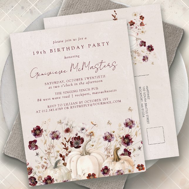 White Pumpkin Burgundy Wildflower 19th Birthday Invitation Postcard (Creator Uploaded)