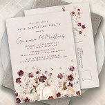 White Pumpkin Burgundy Wildflower 90th Birthday Invitation Postcard<br><div class="desc">Elegant white pumpkins are nestled in red,  orange and sage green leaves and wildflowers.</div>