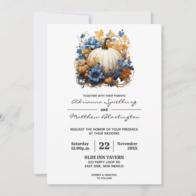 White Pumpkin Elegant Fall Garden Roses Wedding Invitation (Front)