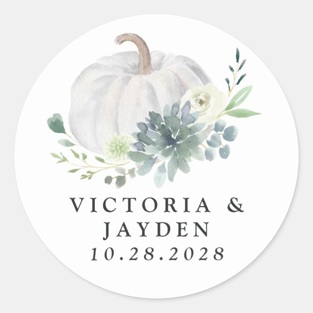 White Pumpkin Elegant Succulent Fall Chic Wedding Classic Round Sticker (Front)