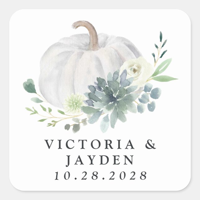 White Pumpkin Elegant Succulent Fall Chic Wedding Square Sticker (Front)