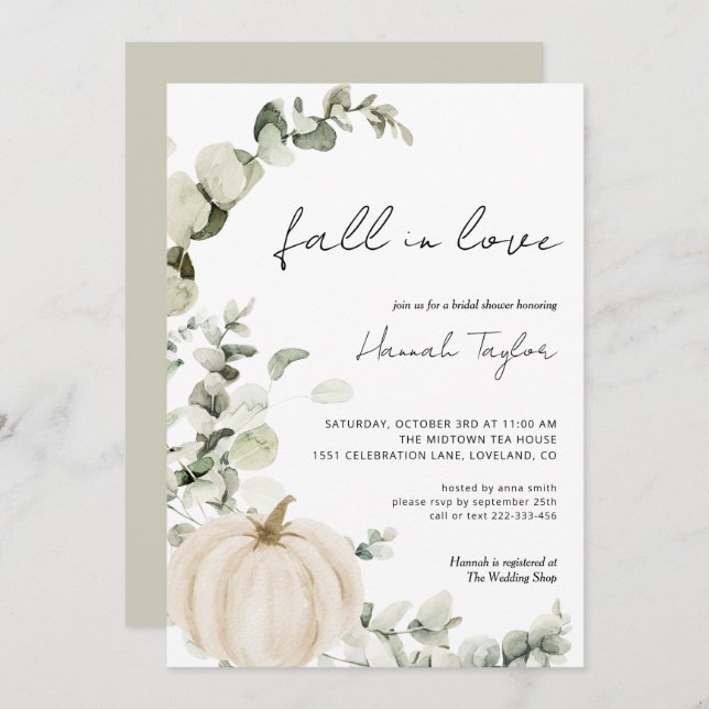 White Pumpkin Eucalyptus Fall Bridal Shower Invitation (Front/Back)