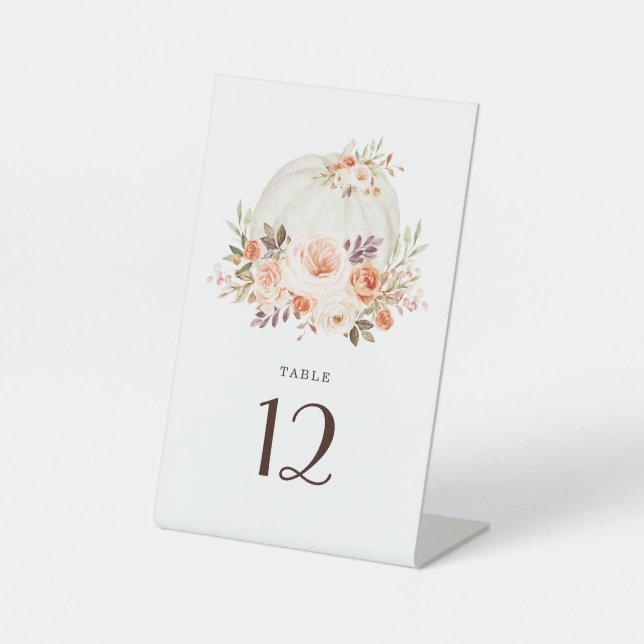 White Pumpkin Fall Flowers Wedding Table Number Pedestal Sign (Front)