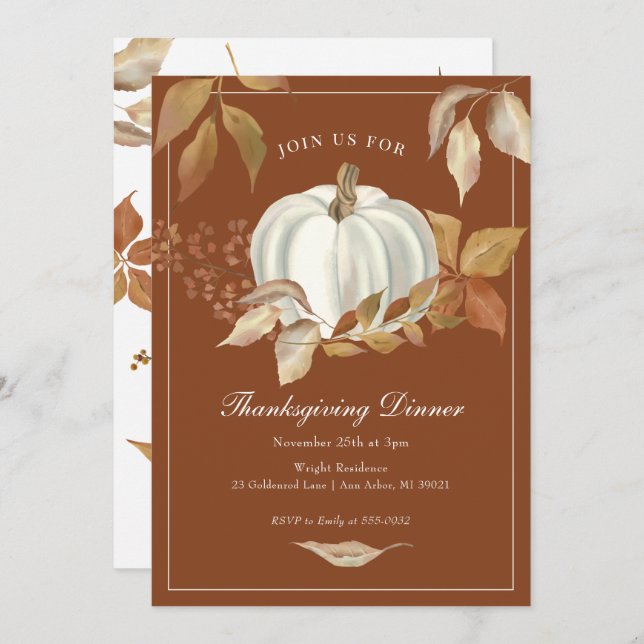 White Pumpkin Fall Leaves Thanksgiving Invitation (Front/Back)