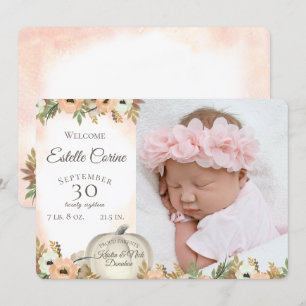 White Pumpkin Floral Birth Announcement with Photo