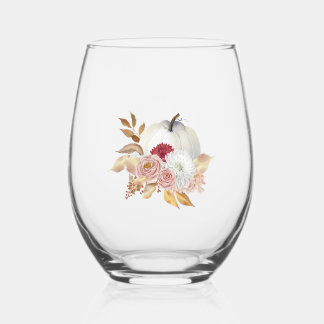White Pumpkin Floral Design Stemless Wine Glass