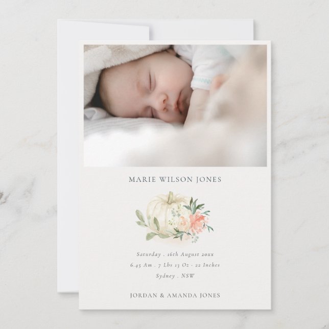 White Pumpkin Floral Photo Baby Birth Announcement (Front)