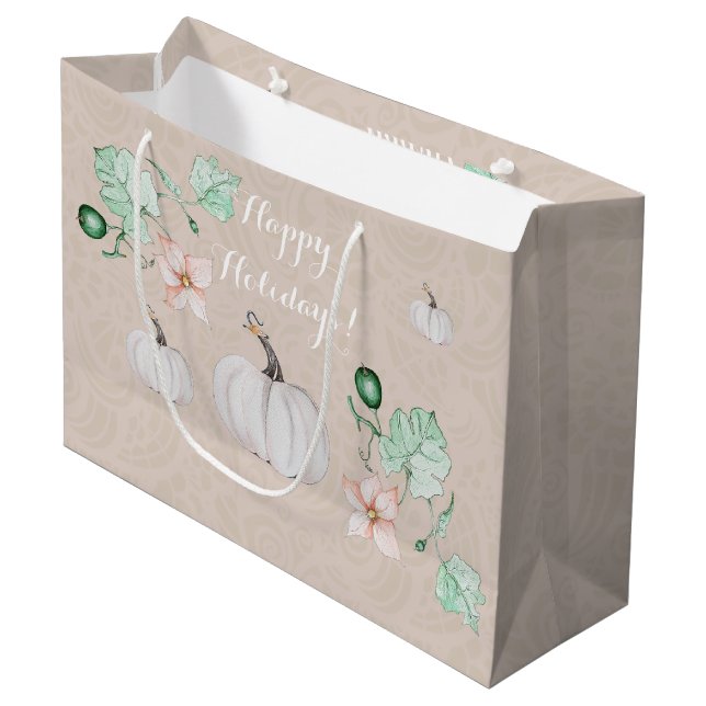 White Pumpkin Floral Watercolor Personalized Large Gift Bag (Front Angled)