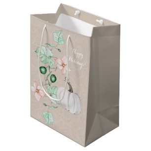 White Pumpkin Floral Watercolor Personalized Medium Gift Bag
