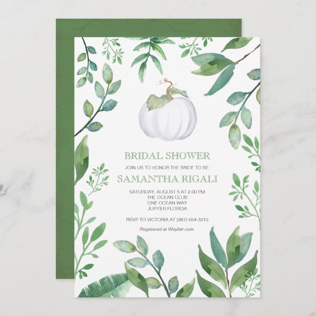 White Pumpkin Greenery Bridal Shower Invitation (Front/Back)