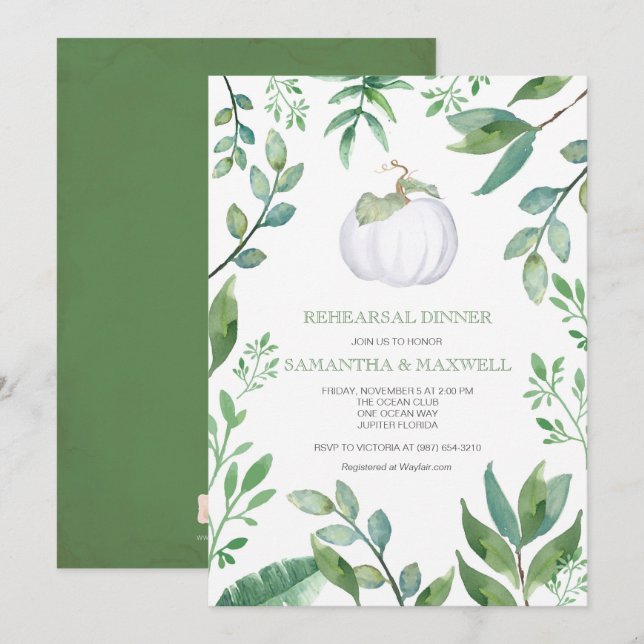 White Pumpkin Greenery Rehearsal Dinner Invite (Front/Back)