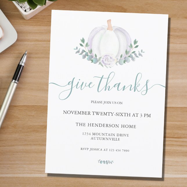 White Pumpkin Greenery Thanksgiving Dinner Invitation (Creator Uploaded)