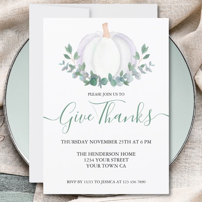 White Pumpkin Greenery Thanksgiving Dinner Invitation (Creator Uploaded)
