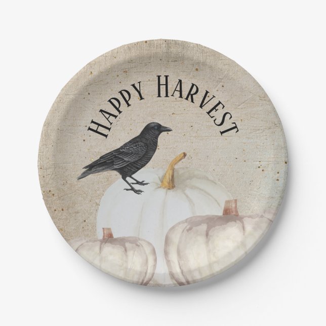 White Pumpkin Happy Harvest Paper Plate (Front)