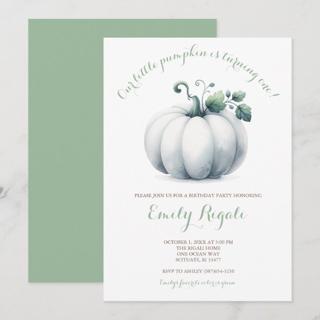 White Pumpkin Little Pumpkin Birthday Party Invite (Front/Back)