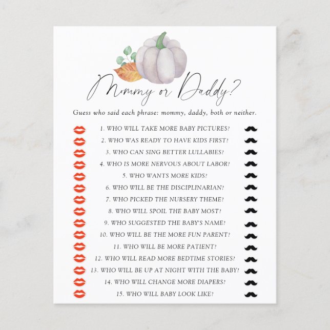 White pumpkin - mommy or daddy baby shower game (Front)