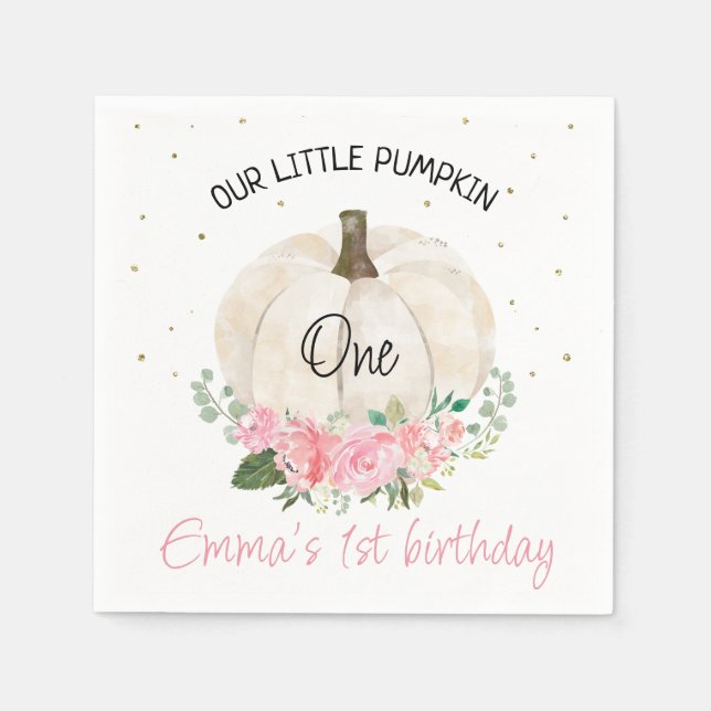 White Pumpkin Pink Floral 1st Birthday Napkin (Front)