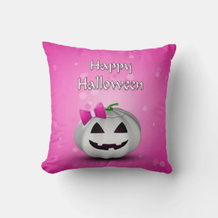 White Pumpkin Pink Girly Halloween Throw Pillow
