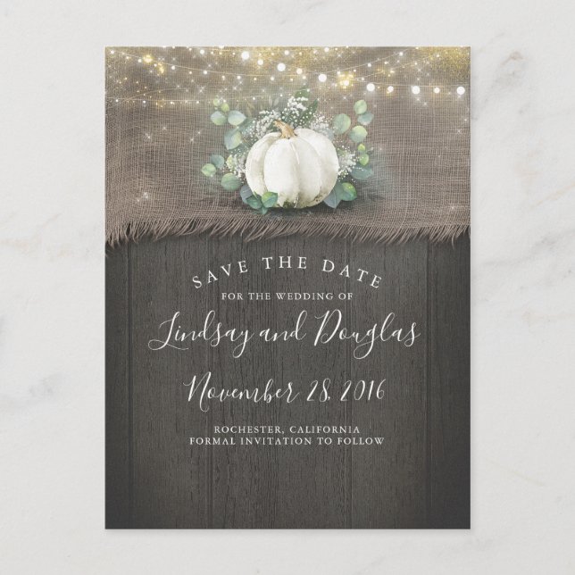 White Pumpkin Rustic Save the Date Announcement Postcard (Front)