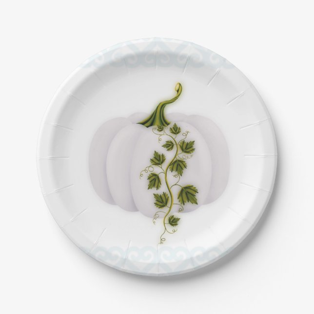 White Pumpkin Storybook Blue Fall Wedding Party Paper Plate (Front)