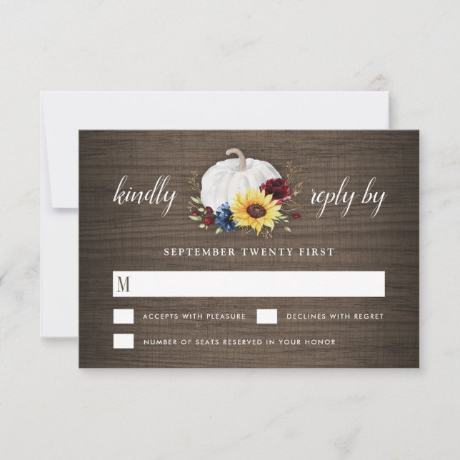 White Pumpkin Sunflower Roses Gold Fall Wedding RSVP Card (Front)