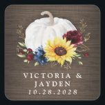 White Pumpkin Sunflower Roses Gold Fall Wedding Square Sticker<br><div class="desc">Wedding design features a rustic barn wood grain background with an elegant watercolor white pumpkin,  gold printed fall leaf elements,  burgundy red roses and a navy blue wildflower.</div>