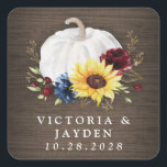 White Pumpkin Sunflower Roses Gold Fall Wedding Square Sticker<br><div class="desc">Wedding design features a rustic barn wood grain background with an elegant watercolor white pumpkin,  gold printed fall leaf elements,  burgundy red roses and a navy blue wildflower.</div>
