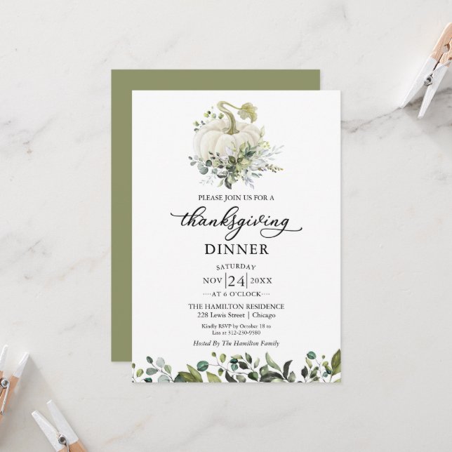 White Pumpkin Thanksgiving Dinner Invitation (Front/Back In Situ)