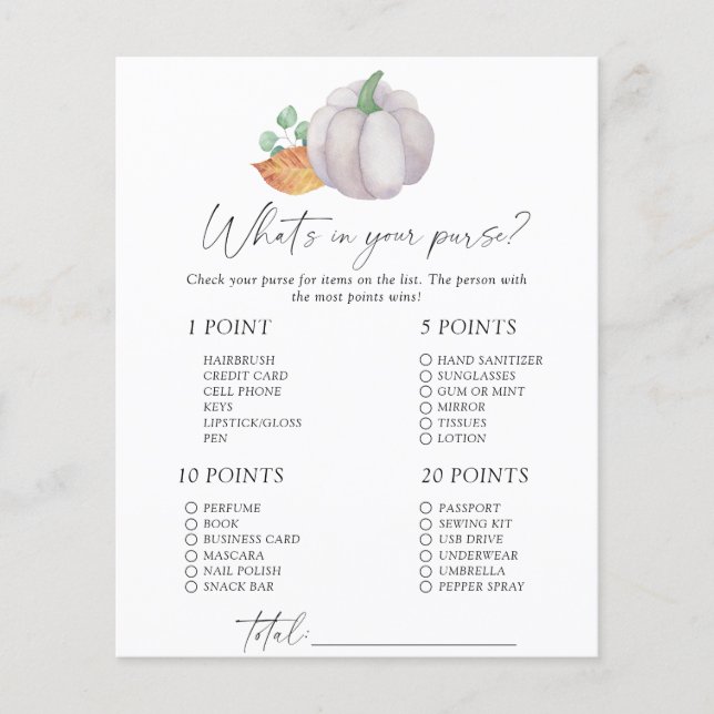 White pumpkin - What's in your purse game (Front)