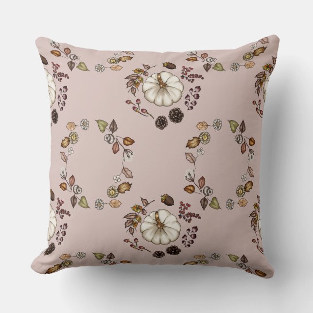White Pumpkin with an Autumn Leaves Throw Pillow (Front)