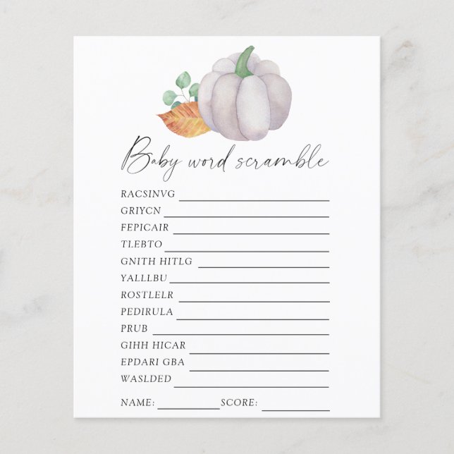 White pumpkin - Word scramble baby shower game (Front)