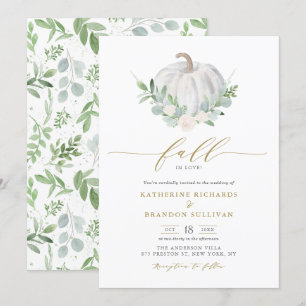 White Pumpkin Wreath Greenery Fall Wedding Invitation