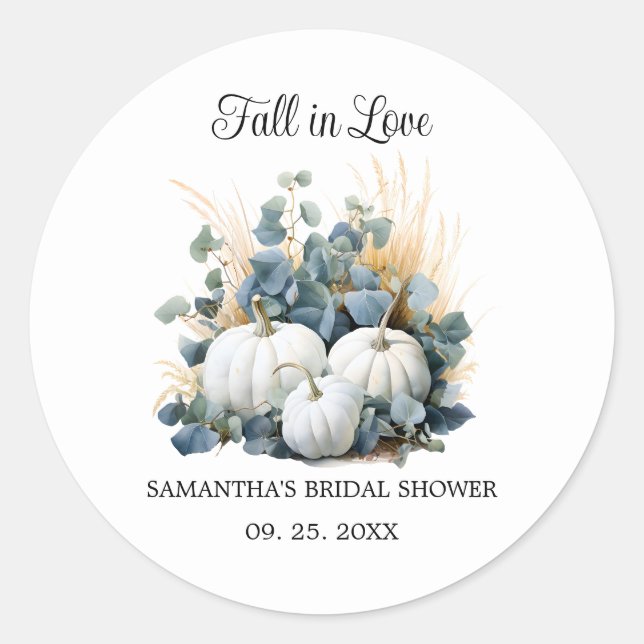 White pumpkins and eucalyptus bridal shower classic round sticker (Front)