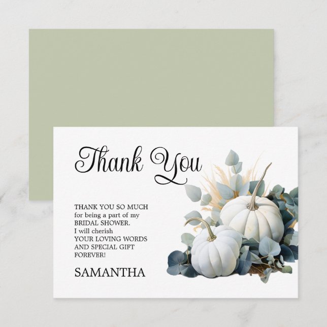 White pumpkins and eucalyptus greens Bridal Shower Thank You Card (Front/Back)