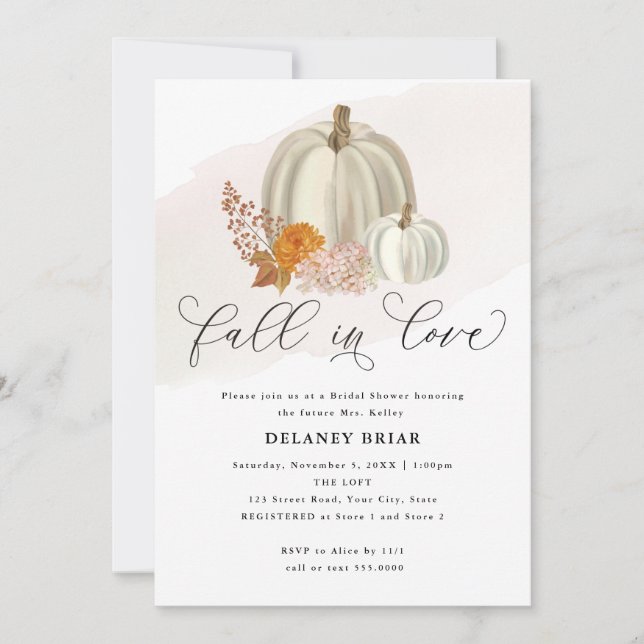 White Pumpkins and Fall Flowers, Bridal Shower Invitation (Front)