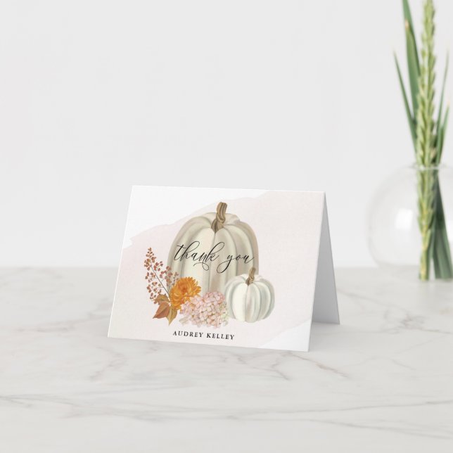 White Pumpkins Fall Flowers Photo Thank You Card (Front)