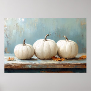 White Pumpkins on Vintage Blue Table Poster