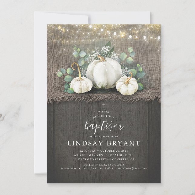 White Pumpkins Rustic Country Fall Baptism Invitation (Front)