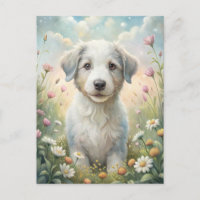 White Puppy Pastel Wildflowers Daisies Sunshine