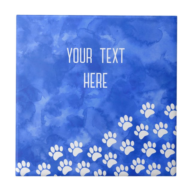 White Puppy Paw Prints Watercolor  Custom Text  Tile (Front)