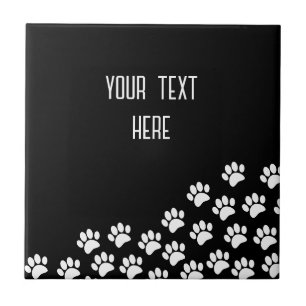 White Puppy Paw Prints With Custom Text Black  Tile