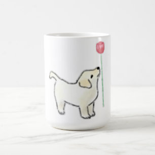 White Puppy Smelling Pink Flower Coffee Mug